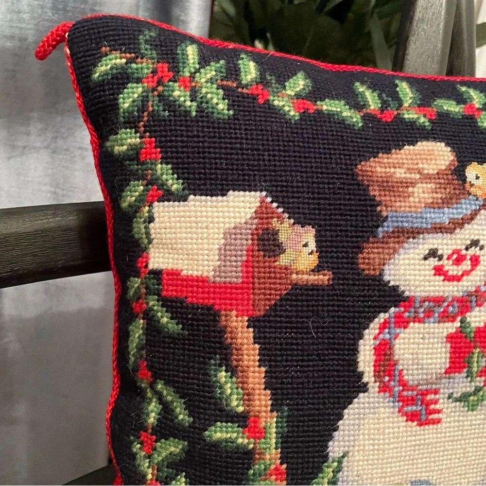 100% Wool Handmade Needle Point  snowman Pillow Christmas 13x13”